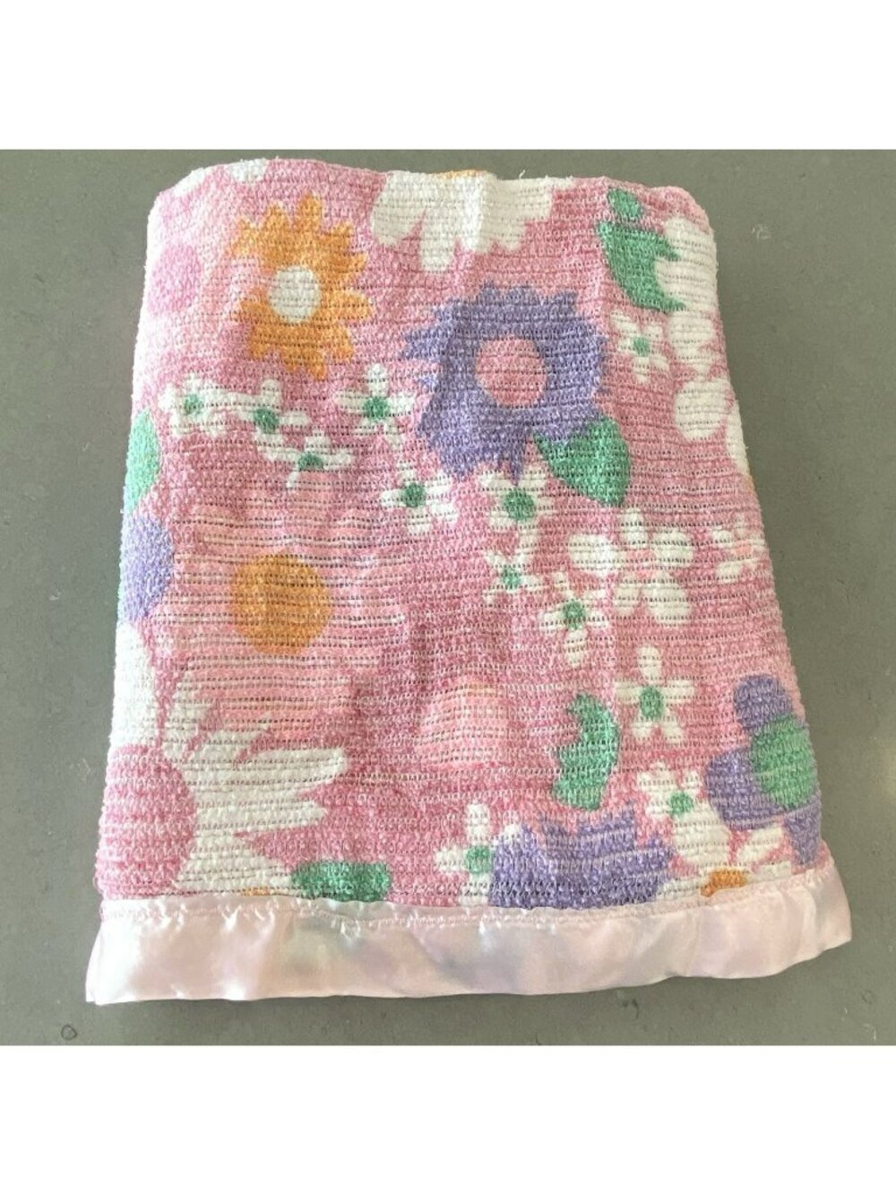Vintage 70s Retro Pink Floral Acrylic Waffle Weave Blanket Satin Trim 77L x59W
